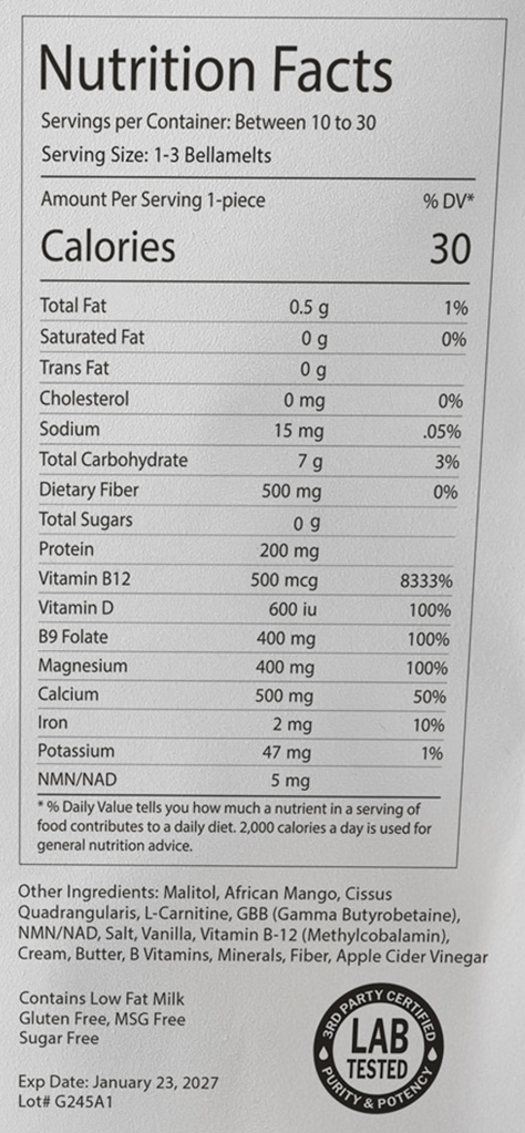 BellaMelt Nutrition Facts